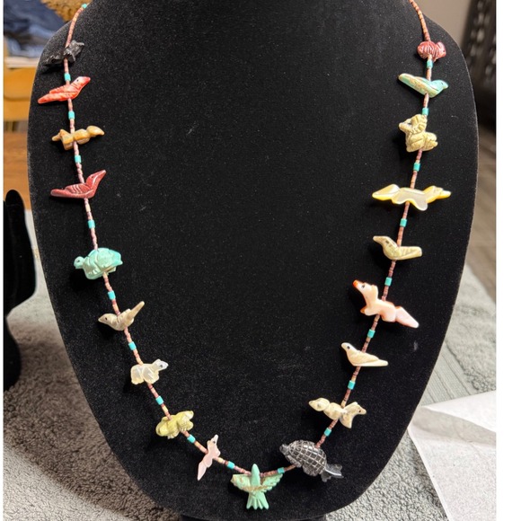 Jewelry - Navajo Zuni Sterling Silver Fetish Necklace Hand Carved Stone Shell Animals